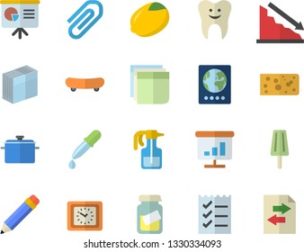Color flat icon set saucepan flat vector, lemon, cheese, ice cream, pulverizer, crisis, clock, pipette, medical analysis, tooth, clip, chart, sticker, to do list, pencil, presentaition board