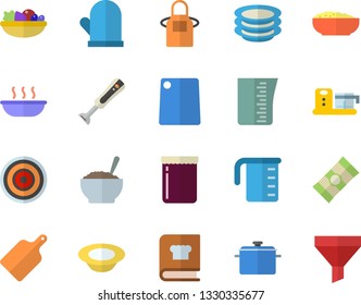 Color flat icon set saucepan flat vector, meashuring cup, apron, potholder, cutting board, induction cooker, cookbook, blender, food processor, plates, spaghetti, dish, salad, soup, porridge, jam