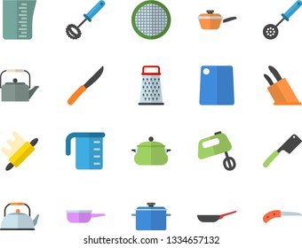 Color flat icon set saucepan flat vector, frying pan, saute, meashuring cup, teapot, kitchen spoon, whisk, knives, rolling pin, cutting board, mixer, sieve, grater, knife
