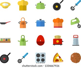 Color flat icon set saucepan flat vector, frying pan, teflon, cook hat, apron, kitchen spoon, whisk, egg timer, electric stove, toaster, mixer, spice, grater, pizza, dish, cutlet