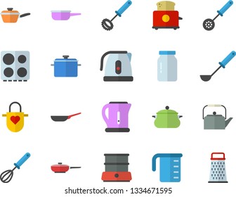 Color flat icon set saucepan flat vector, frying pan, saute, meashuring cup, teapot, electric kettle, apron, ladle, kitchen spoon, whisk, stove, toaster, double boiler, glass jar, grater