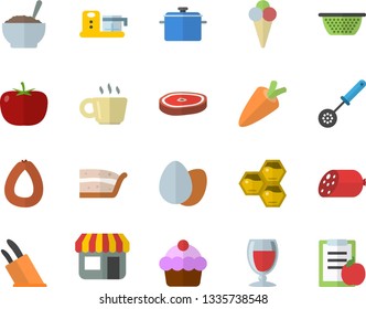 Color flat icon set saucepan flat vector, colander, kitchen spoon, knives, food processor, tomato, carrot, cake, sausage, egg, piece of, porridge, chop, ice cream, wine, honeycomb, store front, diet