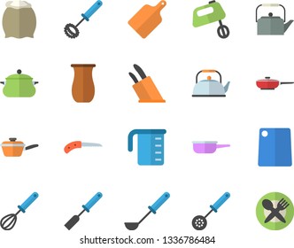 Color flat icon set saucepan flat vector, frying pan, saute, meashuring cup, teapot, ladle, kitchen spatula, spoon, whisk, knives, cutting board, mixer, flour, jugful, knife, table setting fector