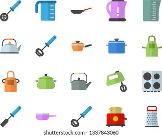 Color flat icon set saucepan flat vector, frying pan, saute, meashuring cup, teapot, electric kettle, apron, kitchen spatula, spoon, whisk, stove, toaster, mixer, grater