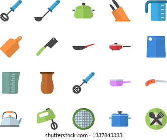 Color flat icon set saucepan flat vector, frying pan, saute, meashuring cup, teapot, ladle, kitchen spoon, whisk, knives, cutting board, mixer, sieve, jugful, knife, table setting fector