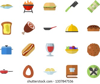 Color flat icon set saucepan flat vector, frying pan, knives, cookbook, barbecue, dish, spaghetti, sausage, hamburger, hot dog, salad, pie, ham, cutlet, wine, sandwich, table setting fector