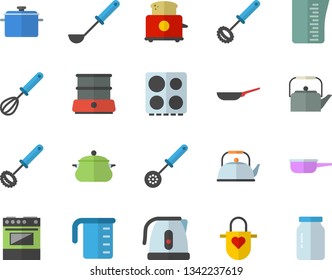 Color flat icon set saucepan flat vector, frying pan, saute, meashuring cup, teapot, electric kettle, apron, ladle, kitchen spoon, whisk, stove, toaster, double boiler, glass jar