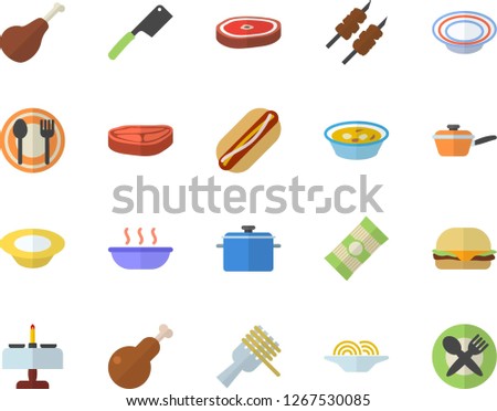 Color flat icon set saucepan flat vector, saute, knives, table setting, spaghetti, chop, ham, on a fork, hamburger, hot dog, dish, soup, chicken, shashlik, romantic dinner fector