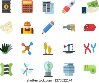 Color flat icon set sausage flat vector, spaghetti on a fork, popcorn, ear, gloves, oil pumping, tanks, construction worker, rocket, investments, idea, news, chromosomes, molecules, pencil, windmill