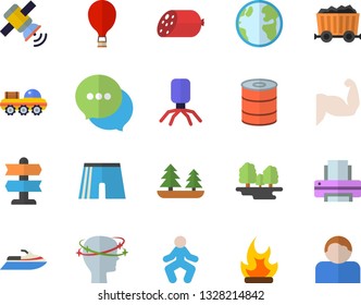 Color flat icon set sausage flat vector, canned food, bonfire, earth, forest, mining, chat, virus, headache, printer, satellit, lunar rover, muscles, athletic shorts, gymnastics, balloon fector