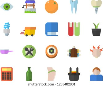 Color flat icon set saute flat vector, orange, well, home plant, glass bottles, metallurgy, express delivery, eye, caries, implant, meeting, book, energy saving lamp fector, brainstorm, calculator