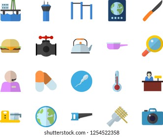 Color flat icon set saute flat vector, teapot, knives, food processor, spaghetti on a fork, hamburger, thermometer, saw, oil production platform, main pipeline, earth, sperm, phone operator, pills