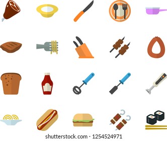 Color flat icon set saute flat vector, kitchen spatula, whisk, knives, blender, table setting, ketchup, sausage, bread, spaghetti on a fork, hamburger, hot dog, dish, ham, chop, shashlik, fish rolls