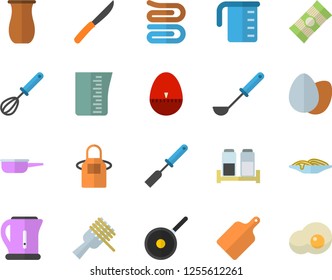 Color flat icon set saute flat vector, teflon, meashuring cup, electric kettle, apron, ladle, kitchen spatula, whisk, egg timer, towel, knives, cutting board, spice, jugful, spaghetti, on a fork