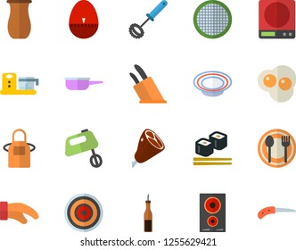 Color flat icon set saute flat vector, weighing machine, apron, potholder, whisk, kitchen egg timer, knives, induction cooker, mixer, food processor, sieve, table setting, jugful, sauce, dish, ham