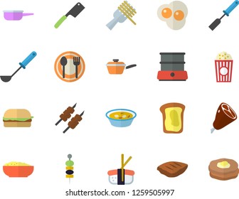Color flat icon set saute flat vector, ladle, kitchen spatula, knives, double boiler, table setting, spaghetti on a fork, hamburger, soup, porridge, ham, chop, shashlik, sashimi, popcorn, canape