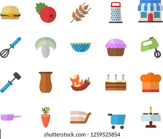 Color flat icon set saute flat vector, colander, cook hat, whisk, meat hammer, mixer, grater, jugful, ear, hamburger, mushroom, cupcake, piece of cake, carrot, hot peppers, cranberry, store front