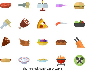 Color flat icon set saute flat vector, knives, barbecue, chop, spaghetti on a fork, hamburger, hot dog, pizza, dish, salad, pie, chicken, ham, knife, romantic dinner fector, table setting