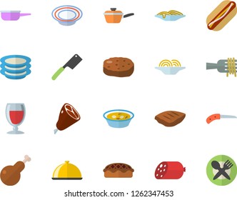 Color flat icon set saute flat vector, knives, dish, plates, sausage, spaghetti on a fork, hot dog, soup, pie, chicken, ham, chop, cutlet, wine, knife, table setting fector