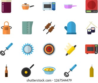 Color flat icon set saute flat vector, teflon, weighing machine, meashuring cup, apron, potholder, whisk, rolling pin, induction cooker, gas, microwave, sauce, soup, shashlik, fish rolls, jam