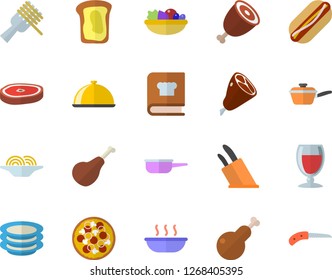 Color flat icon set saute flat vector, knives, cookbook, dish, plates, ham, spaghetti on a fork, hot dog, pizza, salad, soup, chicken, chop, wine, sandwich, knife