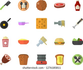 Color flat icon set saute flat vector, teflon, knives, double boiler, blender, table setting, ketchup, cheese, bread, spaghetti on a fork, hamburger, salad, porridge, ham, chop, cutlet, popcorn