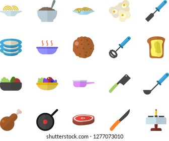 Color flat icon set saute flat vector, teflon, ladle, kitchen spatula, whisk, knives, plates, spaghetti, salad, soup, porridge, chicken, chop, cutlet, popcorn, sandwich, romantic dinner fector