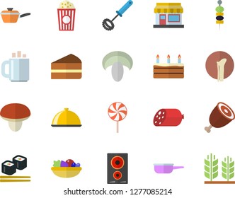 Color flat icon set saute flat vector, whisk, induction cooker, dish, mushroom, sausage, piece of cake, salad, ham, lollipop, fish rolls, popcorn, canape, grain warehouse, bone fracture, coffee, ear