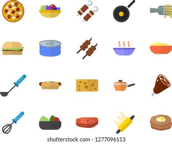 Color flat icon set saute flat vector, teflon, ladle, whisk, rolling pin, chop, cheese, canned food, spaghetti on a fork, hamburger, hot dog, pizza, salad, soup, porridge, ham, shashlik, pancakes