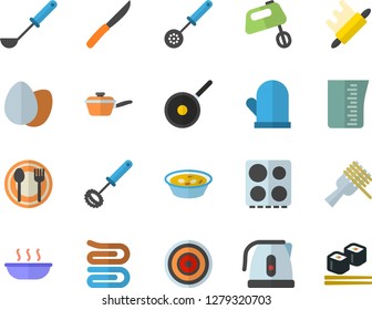 Color flat icon set saute flat vector, teflon, meashuring cup, electric kettle, potholder, ladle, kitchen spoon, whisk, towel, knives, rolling pin, stove, induction cooker, mixer, table setting, egg