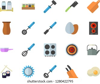 Color flat icon set saute flat vector, teapot, kitchen spatula, spoon, whisk, knives, meat hammer, cutting board, electric stove, induction cooker, gas, spice, jugful, egg, fish rolls