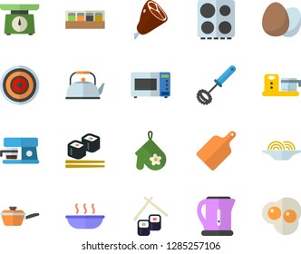 Color flat icon set saute flat vector, weighing machine, teapot, electric kettle, potholder, whisk, cutting board, stove, induction cooker, microwave, spice, coffee, food processor, egg, spaghetti