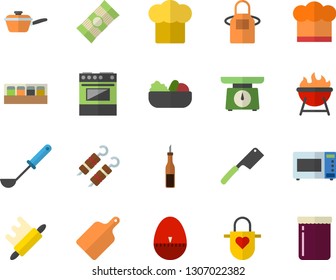 Color flat icon set saute flat vector, weighing machine, cook hat, apron, ladle, kitchen egg timer, knives, rolling pin, cutting board, electric stove, microwave, spice, barbecue, spaghetti, sauce