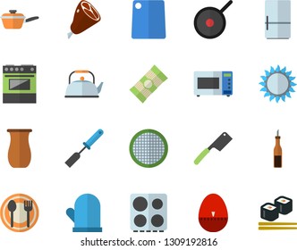 Color flat icon set saute flat vector, teflon, teapot, potholder, kitchen spatula, egg timer, knives, cutting board, electric stove, gas, microwave, fridge, sieve, table setting, jugful, spaghetti