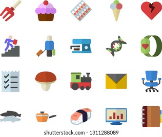 Color flat icon set saute flat vector, coffee machine, mushroom, cake, sashimi, fish, ice cream, pitchfork, pill packaging, computer chart, office chair, to do list, career ladder, dna, train fector