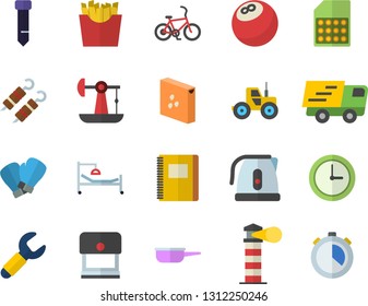 Color flat icon set saute flat vector, electric kettle, groats, shashlik, French fries, tractor, oil pumping, SIM card, wrench, lighthouse, trucking, hospital bed, tie, notebook, bowling ball, stamp