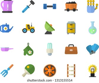 Color flat icon set saute flat vector, electric kettle, potholder, meat hammer, tractor, pitchfork, watering can, ladder, ventilation, satellite antenna, mining, briefcase, archive, flask, dumbbell