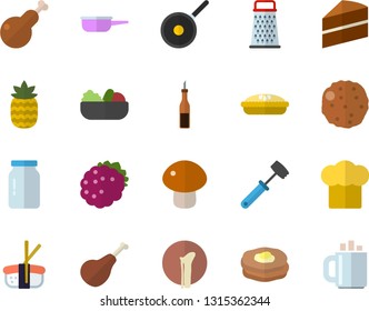 Color flat icon set saute flat vector, teflon, cake, cook hat, meat hammer, glass jar, grater, ham, sauce, mushroom, salad, pie, chicken, cutlet, sashimi, blackberry, pineapple, pancakes, coffee