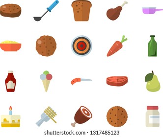 Color flat icon set saute flat vector, ladle, induction cooker, chop, ham, ketchup, biscuit, bread, spaghetti on a fork, cake, porridge, cutlet, ice cream, pear, carrot, knife, glass bottles