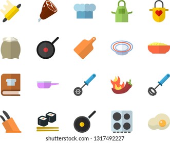 Color flat icon set saute flat vector, teflon, cook hat, apron, kitchen spoon, whisk, knives, rolling pin, cutting board, electric stove, cookbook, flour, dish, porridge, ham, hot peppers