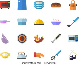 Color flat icon set saute flat vector, teapot, cook hat, apron, potholder, ladle, whisk, cutting board, induction cooker, microwave, blender, dish, plates, soup, pie, garlic, hot peppers, fish rolls