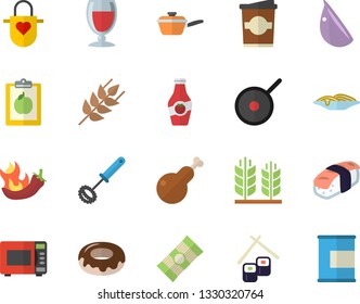 Color flat icon set saute flat vector, teflon, apron, whisk, microwave, spaghetti, ear, donut, chicken, garlic, hot peppers, fish rolls, sashimi, wine, coffe, ketchup, diet, proteins
