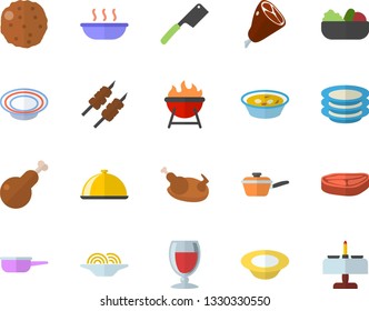 Color flat icon set saute flat vector, knives, barbecue, dish, plates, chop, spaghetti, salad, soup, chicken, ham, shashlik, cutlet, wine, romantic dinner fector