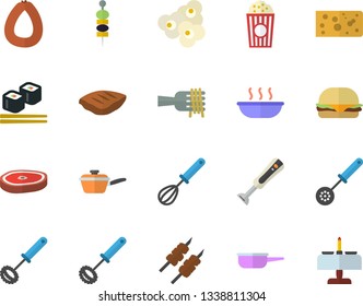 Color flat icon set saute flat vector, kitchen spoon, whisk, blender, sausage, cheese, spaghetti on a fork, hamburger, soup, chop, shashlik, fish rolls, popcorn, canape, romantic dinner fector