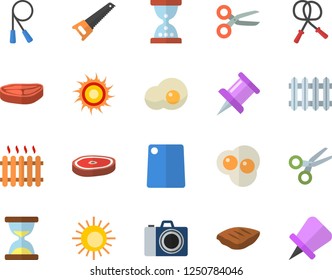 Color flat icon set saw flat vector, cutting board, chop, scrambled eggs, radiator, drawing pin, skipping rope, sun fector, camera, scissors, hourglass