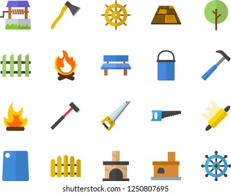 Color flat icon set saw flat vector, fence, flooring, ax, hammer, hiking pot, rolling pin, cutting board, well, tree, bonfire, bench, fireplace, steering wheel