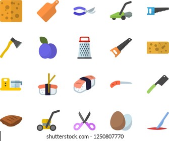 Color flat icon set saw flat vector, ax, knives, scissors, cutting board, food processor, egg, grater, cheese, chop, sashimi, plum, knife, secateurs, lawn mower, scalpel