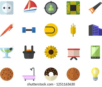 Color flat icon set saw flat vector, shower, biscuit, donut, ear, flower, socket, motherboard, metallurgy, target audience, flipchart, sailboat, office building, pen, dumbbell, tennis ball, mobile