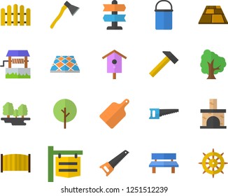 Color flat icon set saw flat vector, fence, flooring, ax, hammer, hiking pot, cutting board, well, nesting box, tree, bench, fireplace, forest, signboard, pointer fector, steering wheel