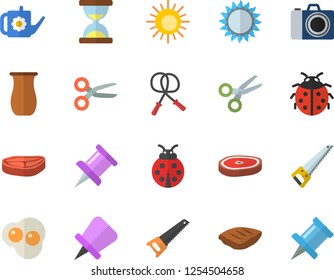 Color flat icon set saw flat vector, gas, jugful, chop, scrambled eggs, ladybird, watering can, drawing pin, skipping rope, sun fector, camera, scissors, hourglass